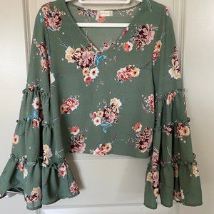 Altar'd State Bell Sleeve Sage Floral Cropped Blouse